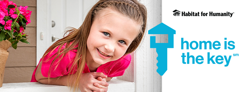 Smiling girl in front of a home. Habitat for Humanity logo. Text reads: home is the key.